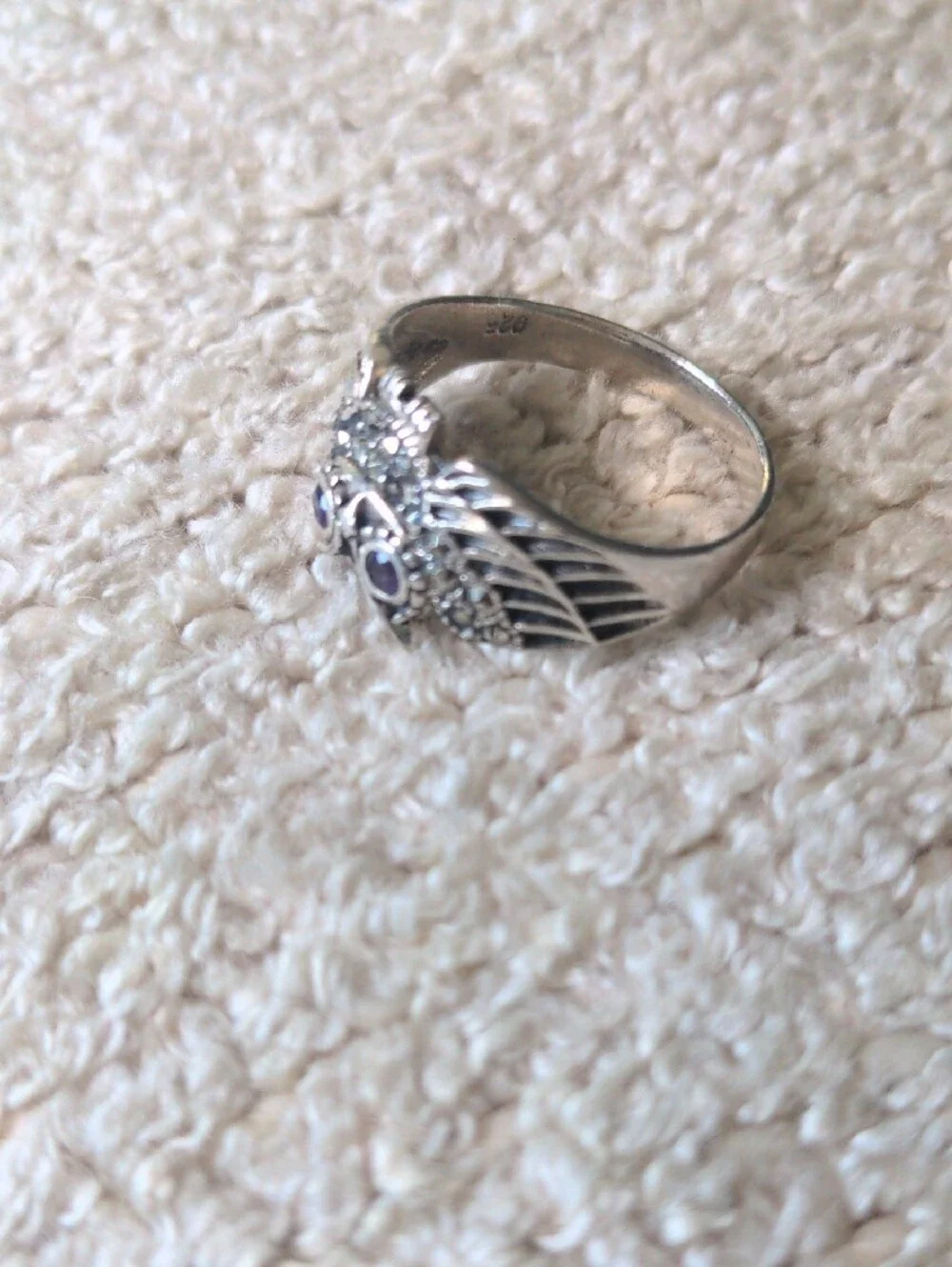 Sterling Silver Owl Ring with Amethyst Gemstone Accents, New.  Sz. 9 1/4